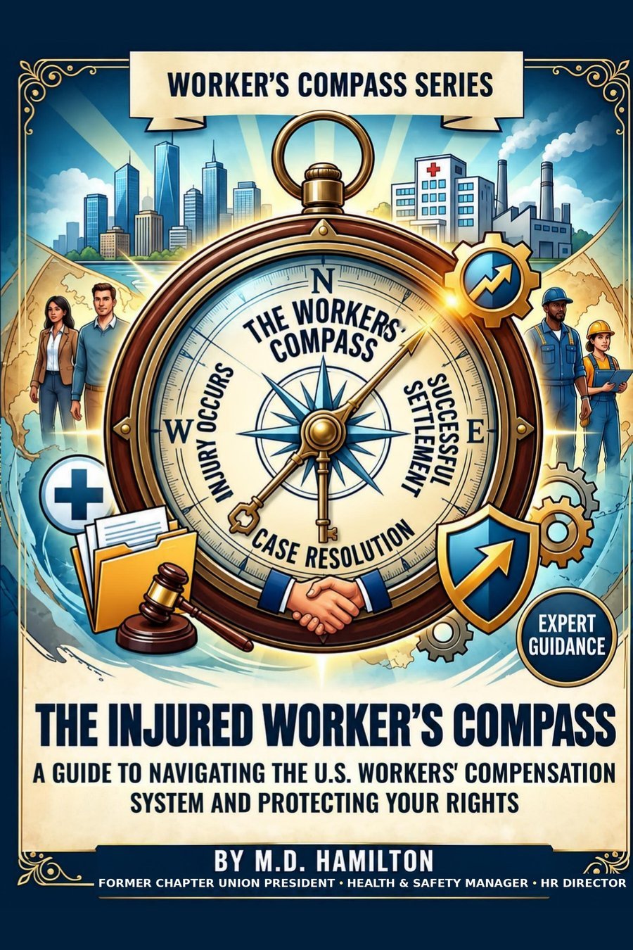 The Injured Worker's Compass book cover, showing a large brass compass with dial points reading Injury Occurs, Successful Settlement, and Case Resolution.